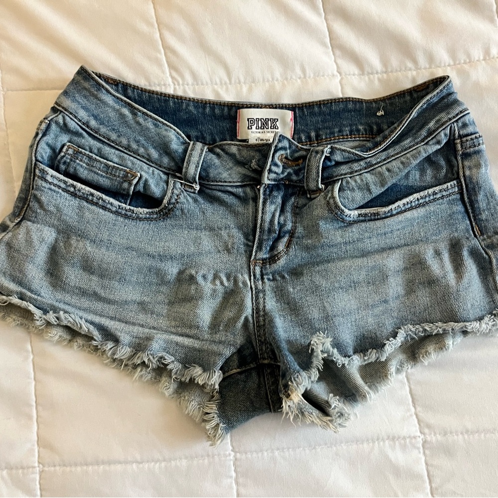 PINK Victoria's Secret Faded Blue Denim Frayed Hem Shorts